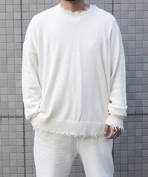 Lulu ＆ Arnie（るるあんどあーにー）の「オーバーサイズ クルーネック ダメージ ニット セーター（ニット/セーター・メンズ・ホワイト/ブラック/ブラウン・MEDIUM/LARGE）」の13枚目の写真