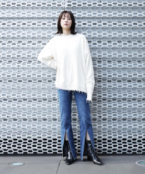 Lulu ＆ Arnie（るるあんどあーにー）の「オーバーサイズ クルーネック ダメージ ニット セーター（ニット/セーター・メンズ・ホワイト/ブラック/ブラウン・MEDIUM/LARGE）」の9枚目の写真