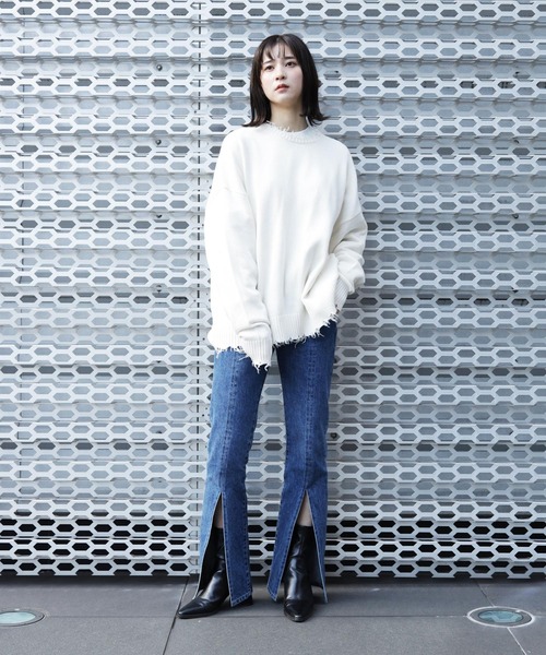 Lulu ＆ Arnie（るるあんどあーにー）の「オーバーサイズ クルーネック ダメージ ニット セーター（ニット/セーター・メンズ・ホワイト/ブラック/ブラウン・MEDIUM/LARGE）」の12枚目の写真