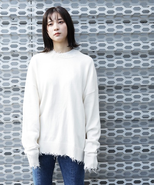 Lulu ＆ Arnie（るるあんどあーにー）の「オーバーサイズ クルーネック ダメージ ニット セーター（ニット/セーター・メンズ・ホワイト/ブラック/ブラウン・MEDIUM/LARGE）」の7枚目の写真