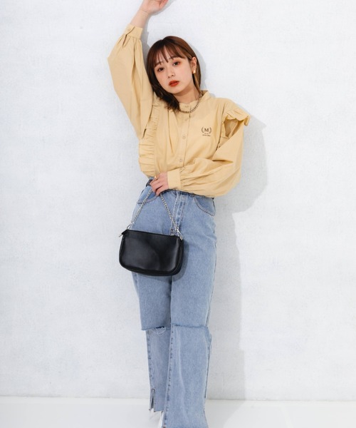 paint it black 様ご予約着物リメイクフリル付きバンドカラーブラウス nemne store（ネンネストア）の「リメイクフリルバンドカラーシャツ