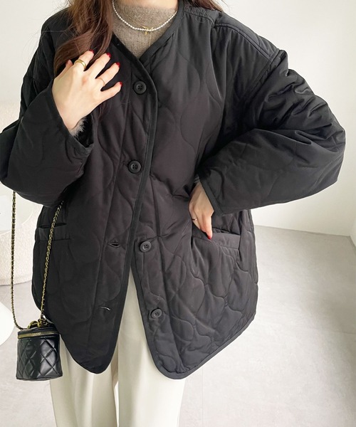 GeeRA（ジーラ）の「波キルティングジャケットコート（ノーカラージャケット・レディース・ブラック/アイボリー/カーキブラウン/ライトカーキ/ダークカーキ・MEDIUM）」の17枚目の写真