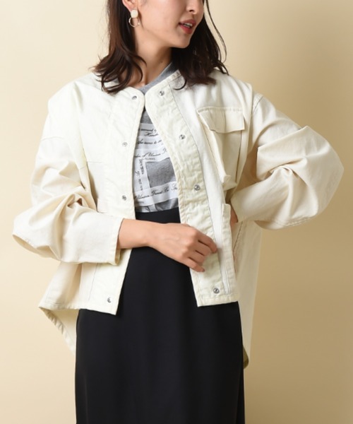 blanc basque（ブランバスク）の「【BLANC basque】ムラ糸バックサテン＊リップストップジャケット（ブルゾン・レディース・ネイビー/カーキ/アイボリー・FREE）」の2枚目の写真