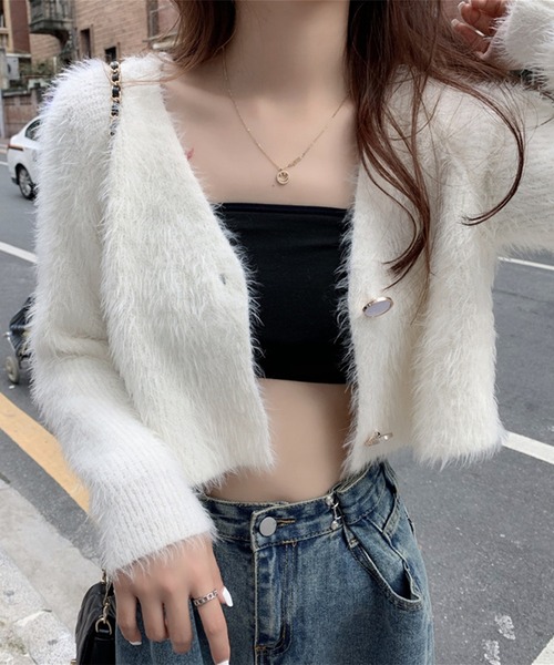 Jasmine Grandiflorum（ジャスミングランディフローラム）の「【Jasmine】トレンドシャギーショート丈ニットカーディガン（カーディガン/ボレロ・レディース・ホワイト/ブラック/パープル/ブルー・FREE）」の2枚目の写真