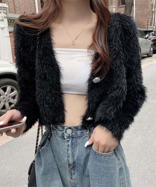 Jasmine Grandiflorum（ジャスミングランディフローラム）の「【Jasmine】トレンドシャギーショート丈ニットカーディガン（カーディガン/ボレロ・レディース・ホワイト/ブラック/パープル/ブルー・FREE）」の3枚目の写真