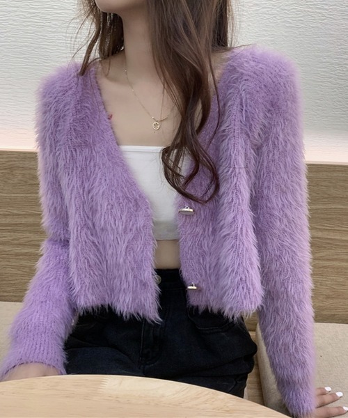 Jasmine Grandiflorum（ジャスミングランディフローラム）の「【Jasmine】トレンドシャギーショート丈ニットカーディガン（カーディガン/ボレロ・レディース・ホワイト/ブラック/パープル/ブルー・FREE）」の20枚目の写真