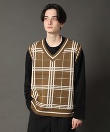 CORPUS　SELECT | Oversized Window Pane  Knit Vest/ビッグシルエット ウィンドペンチェック ニットベスト(ベスト)