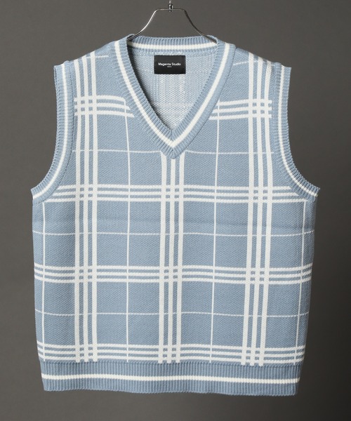 CORPUS　SELECT（コーパストーキョー）の「Oversized Window Pane  Knit Vest/ビッグシルエット ウィンドペンチェック ニットベスト（ベスト・メンズ・ブラック/ベージュ/ブラウン/サックスブルー・FREE）」の19枚目の写真