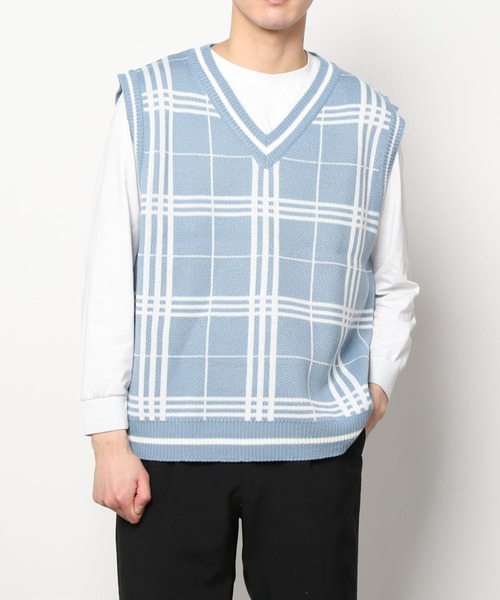 CORPUS　SELECT（コーパストーキョー）の「Oversized Window Pane  Knit Vest/ビッグシルエット ウィンドペンチェック ニットベスト（ベスト・メンズ・ブラック/ベージュ/ブラウン/サックスブルー・FREE）」の7枚目の写真