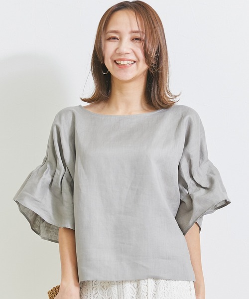 INCEDE(インシード)の「フレンチリネン ギャザースリーブブラウス(シャツ/ブラウス・レディース・ブラック/オフホワイト/カーキ/ピンク/ライトオリーブ/ストライプ/グレイッシュベージュ・LL/M/L)」の17枚目の写真