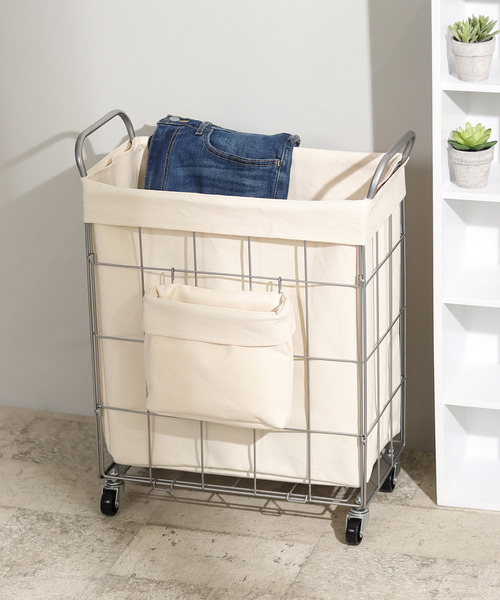 LBC(エルビーシー)の「【WEB限定】折りたためるランドリースクエアバスケット ポケット・キャスター付き38L(ランドリーグッズ・レディース・ダークグリーン/グレー/オフホワイト・FREE)」の10枚目の写真