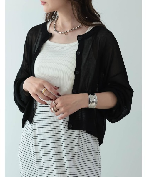 Re:EDIT（リエディ）の「シアーニットショート丈カーディガン（カーディガン/ボレロ・レディース・ピンク/ブラック/アイボリー/イエロー/グリーン/オレンジ/ブルー・FREE）」の8枚目の写真