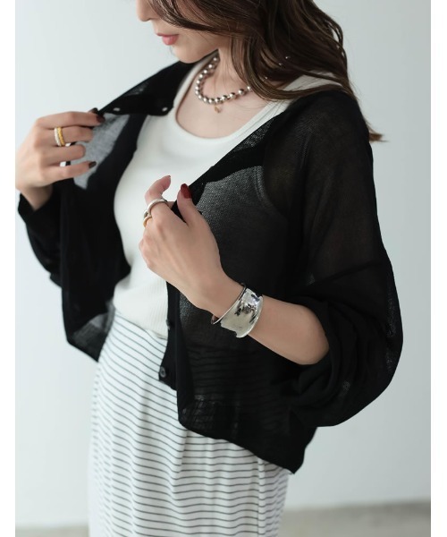 Re:EDIT（リエディ）の「シアーニットショート丈カーディガン（カーディガン/ボレロ・レディース・ピンク/ブラック/アイボリー/イエロー/グリーン/オレンジ/ブルー・FREE）」の12枚目の写真