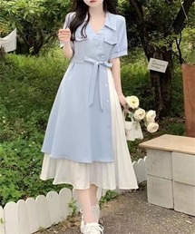 ウエストリボン 配色ワンピース