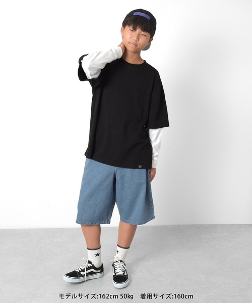 GLAZOS（グラソス）の「ビッグシルエット・袖レイヤードポケット刺繍Tシャツ（Tシャツ/カットソー・キッズ・ブラック/チャコールグレー/パープル・140cm/160cm/150cm/170cm）」の6枚目の写真