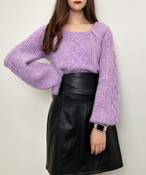 INGNI（イング）の「ふわふわメランジケーブル柄スクエアネックニット（ニット/セーター・レディース・アイボリー/ラベンダー/ミント・M）」の3枚目の写真