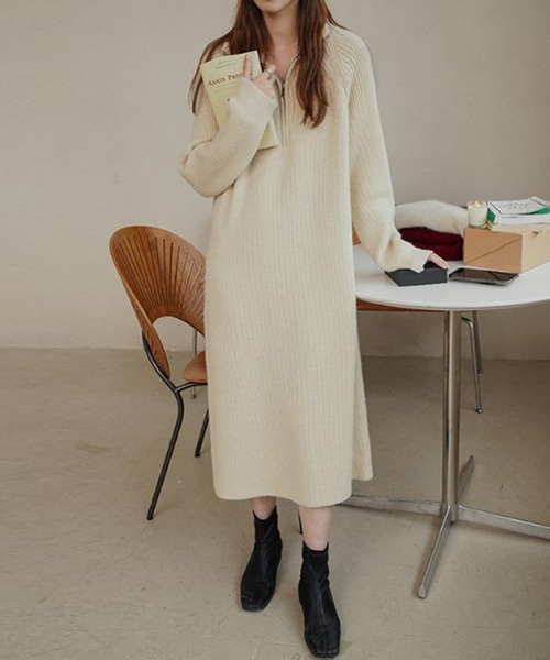 SETUP7(セットアップセブン)の「【SETUP7】ハーフジップハイネックニットワンピース SCCH266(ワンピース・レディース・ブラック/ピンク/アイボリー/グレー・FREE)」の2枚目の写真