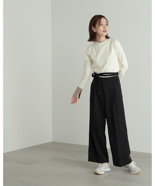 N.(N. Natural Beauty Basic)(エヌエヌナチュラルビューティーベーシック)の「◆ロングストラップベルトワイドパンツ(スラックス・レディース・ブラック/ベージュ・MEDIUM)」の3枚目の写真