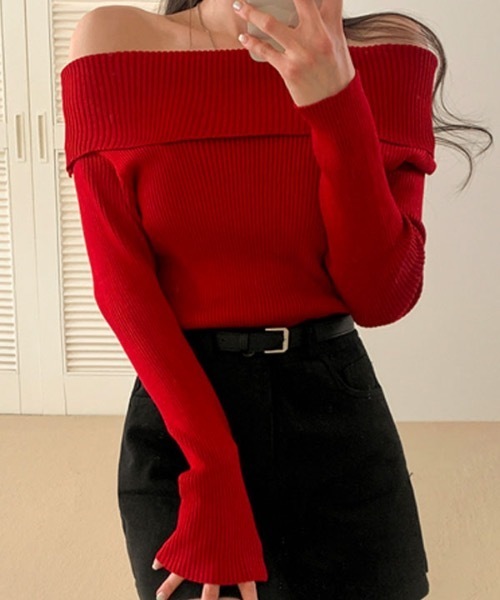 BEIDELLI（ベイデリー）の「[BELLIDE MADE] スリムリブオフショルダーニットセーター（ニット/セーター・レディース・ブラック/レッド/ホワイト・FREE）」の8枚目の写真