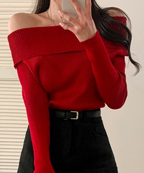 BEIDELLI（ベイデリー）の「[BELLIDE MADE] スリムリブオフショルダーニットセーター（ニット/セーター・レディース・ブラック/レッド/ホワイト・FREE）」の17枚目の写真