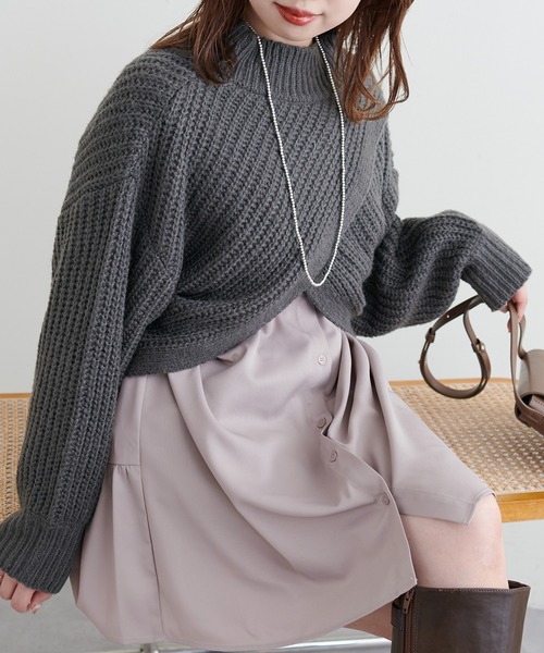 natural couture（ナチュラルクチュール）の「WEB限定カラーあり/ショート畦ニット×シャツチュニックセット（チュニック・レディース・ベージュ/チャコールグレー/オフホワイト・FREE）」の3枚目の写真