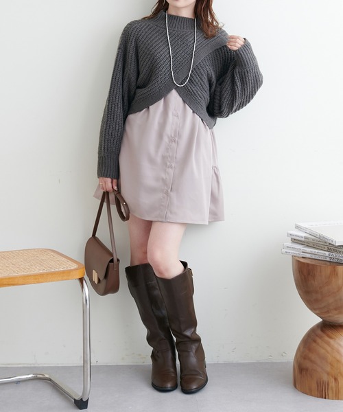 natural couture（ナチュラルクチュール）の「WEB限定カラーあり/ショート畦ニット×シャツチュニックセット（チュニック・レディース・ベージュ/チャコールグレー/オフホワイト・FREE）」の11枚目の写真