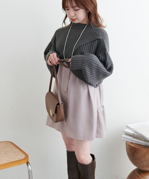 natural couture（ナチュラルクチュール）の「WEB限定カラーあり/ショート畦ニット×シャツチュニックセット（チュニック・レディース・ベージュ/チャコールグレー/オフホワイト・FREE）」の8枚目の写真