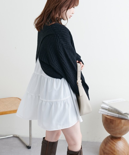 natural couture（ナチュラルクチュール）の「WEB限定カラーあり/ショート畦ニット×シャツチュニックセット（チュニック・レディース・ベージュ/チャコールグレー/オフホワイト・FREE）」の4枚目の写真