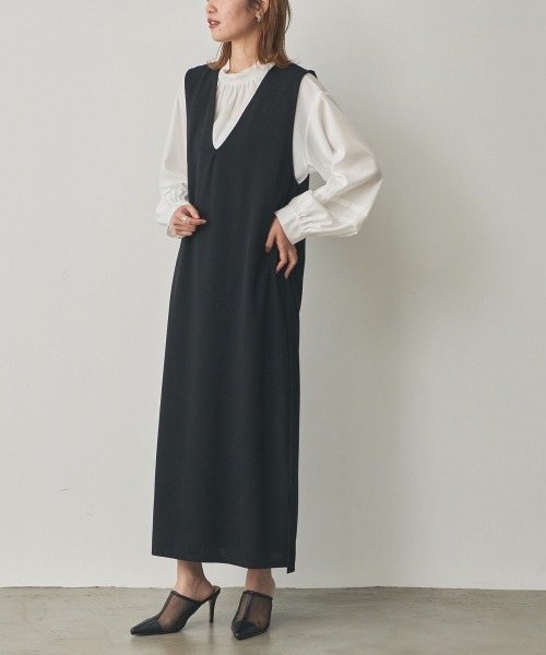 nissen（ニッセン）の「２点セット（ボリューム袖ブラウス＋ジャンパースカート）（セットアップ・レディース・モカ/ブラック・S/L/M/LL）」の5枚目の写真