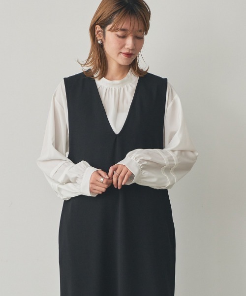 nissen（ニッセン）の「２点セット（ボリューム袖ブラウス＋ジャンパースカート）（セットアップ・レディース・モカ/ブラック・S/L/M/LL）」の9枚目の写真