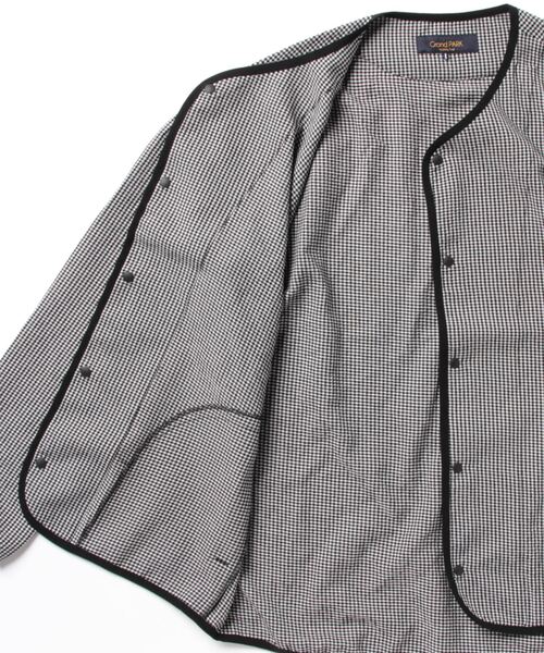 Grand PARK（グランドパーク）の「ギンガムサッカーノーカラーブルゾン（ライダースジャケット・メンズ・チェック/ベージュ/ネイビー・LARGE/MEDIUM）」の5枚目の写真