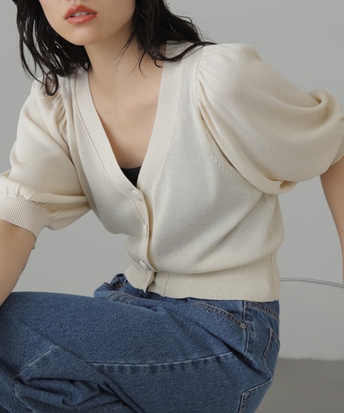 FREE'S MART（フリーズマート）の「◆ボリュームスリーブシアー半袖ショートカーディガン（カーディガン/ボレロ・レディース・ブラック/ホワイト/ライトグリーン/パープル・FREE）」の9枚目の写真