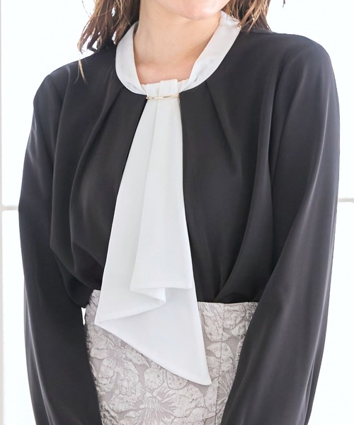 tocco closet（トッコ　クローゼット）の「バー付きラッフルボウタイ配色ブラウス（シャツ/ブラウス・レディース・ブラック/オフホワイト/ライトベージュ・M）」の21枚目の写真
