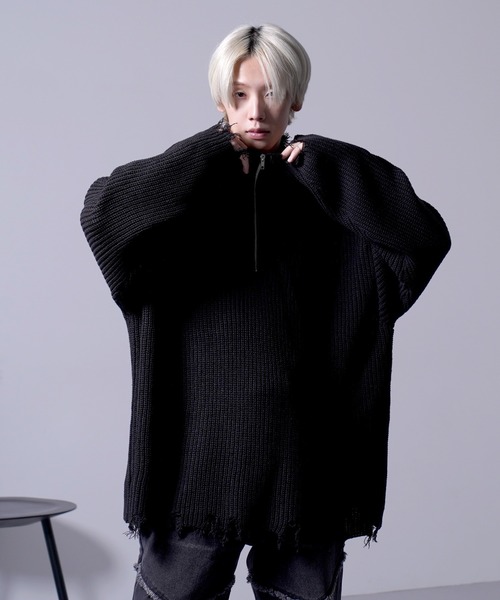 G.O.C（ジーオーシー）の「ダメージ ハーフジップ ニット プルオーバー（ニット/セーター・メンズ・チャコールグレー/ホワイト/ブラック/ワイン・MEDIUM/LARGE）」の9枚目の写真