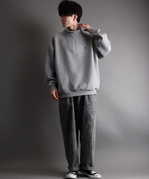 セール】Big silhouette waffle quilt half zip sweat shirt / ビッグ