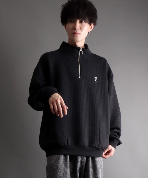 セール】Big silhouette waffle quilt half zip sweat shirt / ビッグ