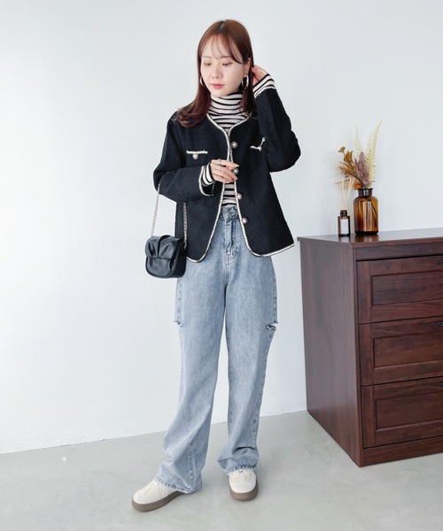 CLEA(クレア)の「韓国風ツイードジャケット(ノーカラージャケット・レディース・ブラック・M)」の10枚目の写真