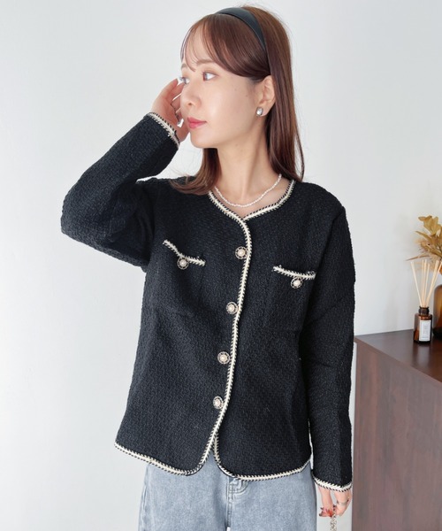 CLEA(クレア)の「韓国風ツイードジャケット(ノーカラージャケット・レディース・ブラック・M)」の9枚目の写真