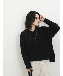 Samansa Mos2 blue | ◎Vネックケーブルニットプルオーバー(ニット/セーター)