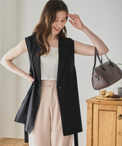 WEGO（ウィゴー）の「WEGO/リネンライクサイドベルトベスト（ベスト・レディース・ブラック/ナチュラル・FREE）」の2枚目の写真