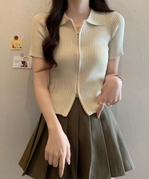 ダブルチャック リブポロTシャツ ファスナークロップド丈トップス