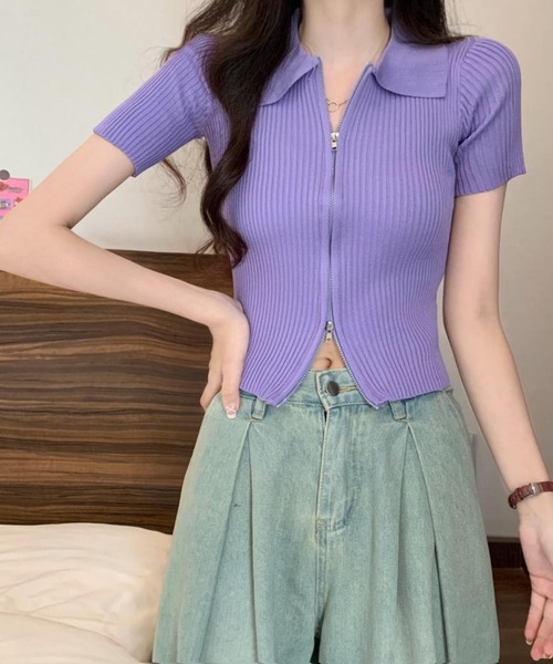 MAISON DE THERESE(メゾン ド テレーズ)の「ダブルチャック リブポロTシャツ ファスナークロップド丈トップス(ポロシャツ・レディース・ブラック/ベージュ/パープル/ピンク/オレンジ/グリーン/ホワイト・FREE)」の5枚目の写真