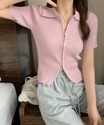 ダブルチャック　リブポロTシャツ ファスナークロップド丈トップス