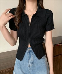 ダブルチャック リブポロTシャツ ファスナークロップド丈トップス
