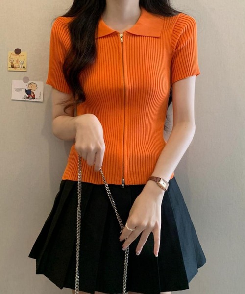 MAISON DE THERESE(メゾン ド テレーズ)の「ダブルチャック リブポロTシャツ ファスナークロップド丈トップス(ポロシャツ・レディース・ブラック/ベージュ/パープル/ピンク/オレンジ/グリーン/ホワイト・FREE)」の16枚目の写真