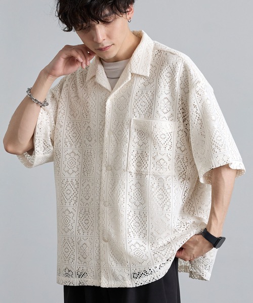 MONO-MART（モノマート）の「シアーレースジャガード ルーズシルエットオープンカラーシャツ（シャツ/ブラウス・レディース・アイボリー/ブルー/チャコール/ブラック/ブラウン/グレー・L/M）」の11枚目の写真