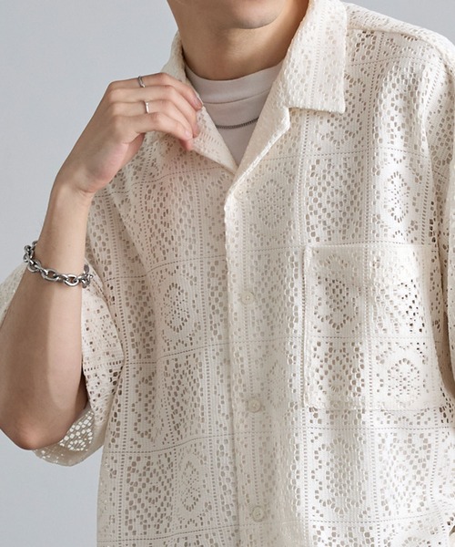 MONO-MART（モノマート）の「シアーレースジャガード ルーズシルエットオープンカラーシャツ（シャツ/ブラウス・レディース・アイボリー/ブルー/チャコール/ブラック/ブラウン/グレー・L/M）」の12枚目の写真