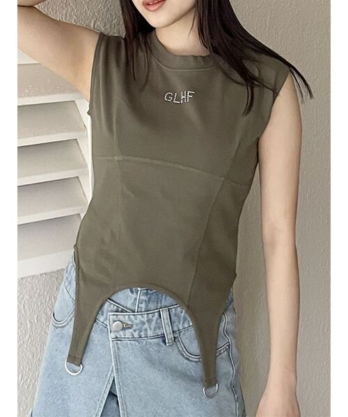 MURUA(ムルーア)の「ガーターヘムトップス(Tシャツ/カットソー・レディース・カーキ/ホワイト/ダークグレー・FREE)」の1枚目の写真