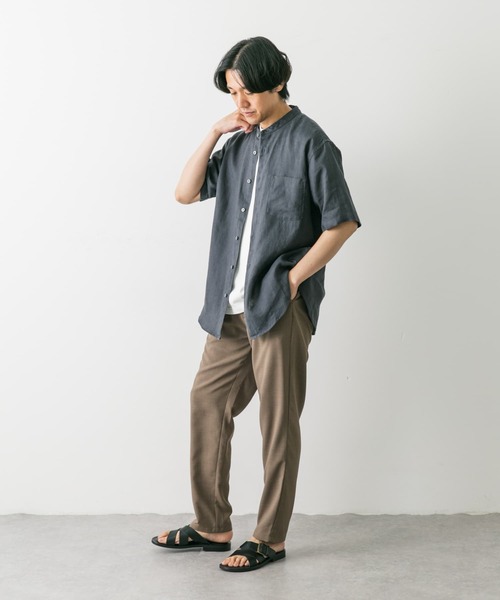 NEEDBY heritage ショートスリーブ シャツ セール】シルケットリネン バンドカラーショートスリーブシャツ