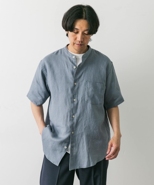 リネンジャケットブラウス ハードマンリネンバンドカラーシャツブラウス | human woman